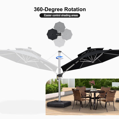 Round Cantilever Umbrella with Base, Outdoor Umbrellas with Lights