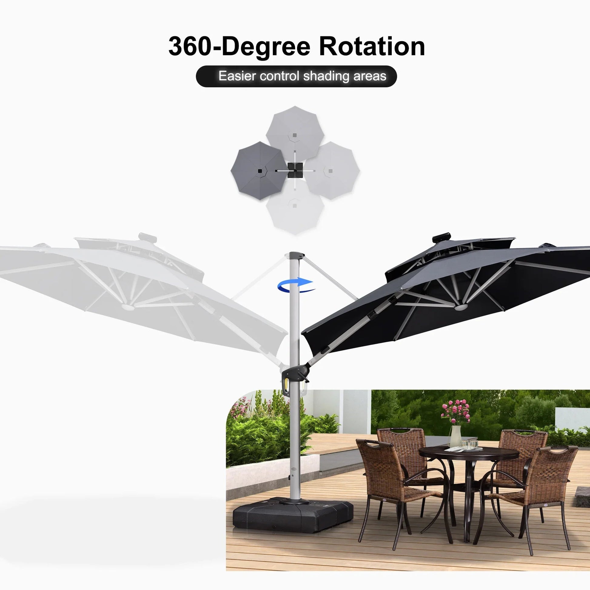 Round Cantilever Umbrella with Base, Outdoor Umbrellas with Lights