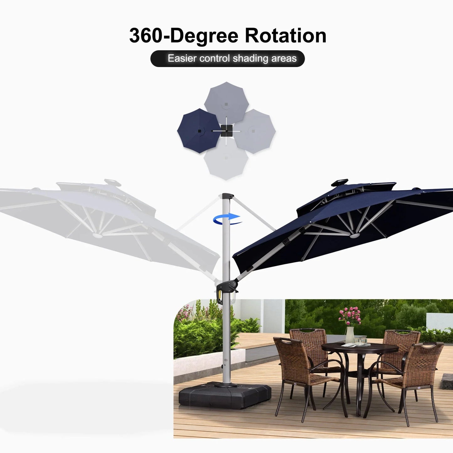 Round Cantilever Umbrella with Base, Outdoor Umbrellas with Lights