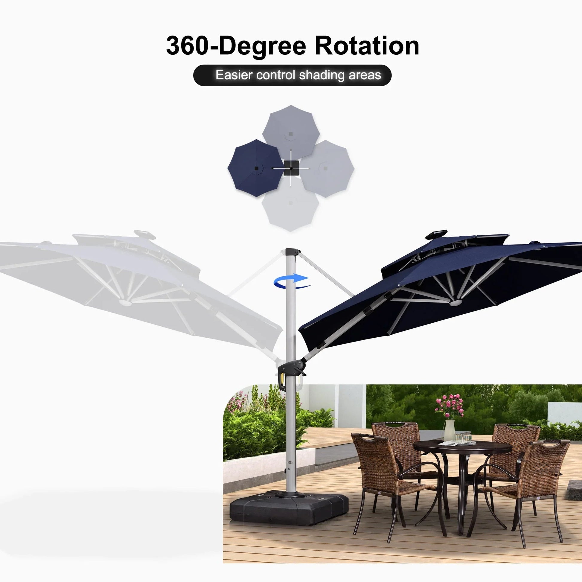 Round Cantilever Umbrella with Base, Outdoor Umbrellas with Lights