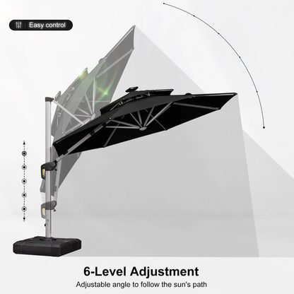Round Cantilever Umbrella with Base, Outdoor Umbrellas with Lights