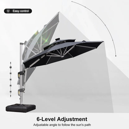 Round Cantilever Umbrella with Base, Outdoor Umbrellas with Lights
