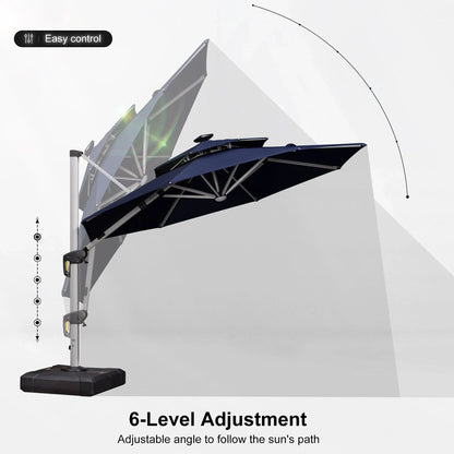 Round Cantilever Umbrella with Base, Outdoor Umbrellas with Lights