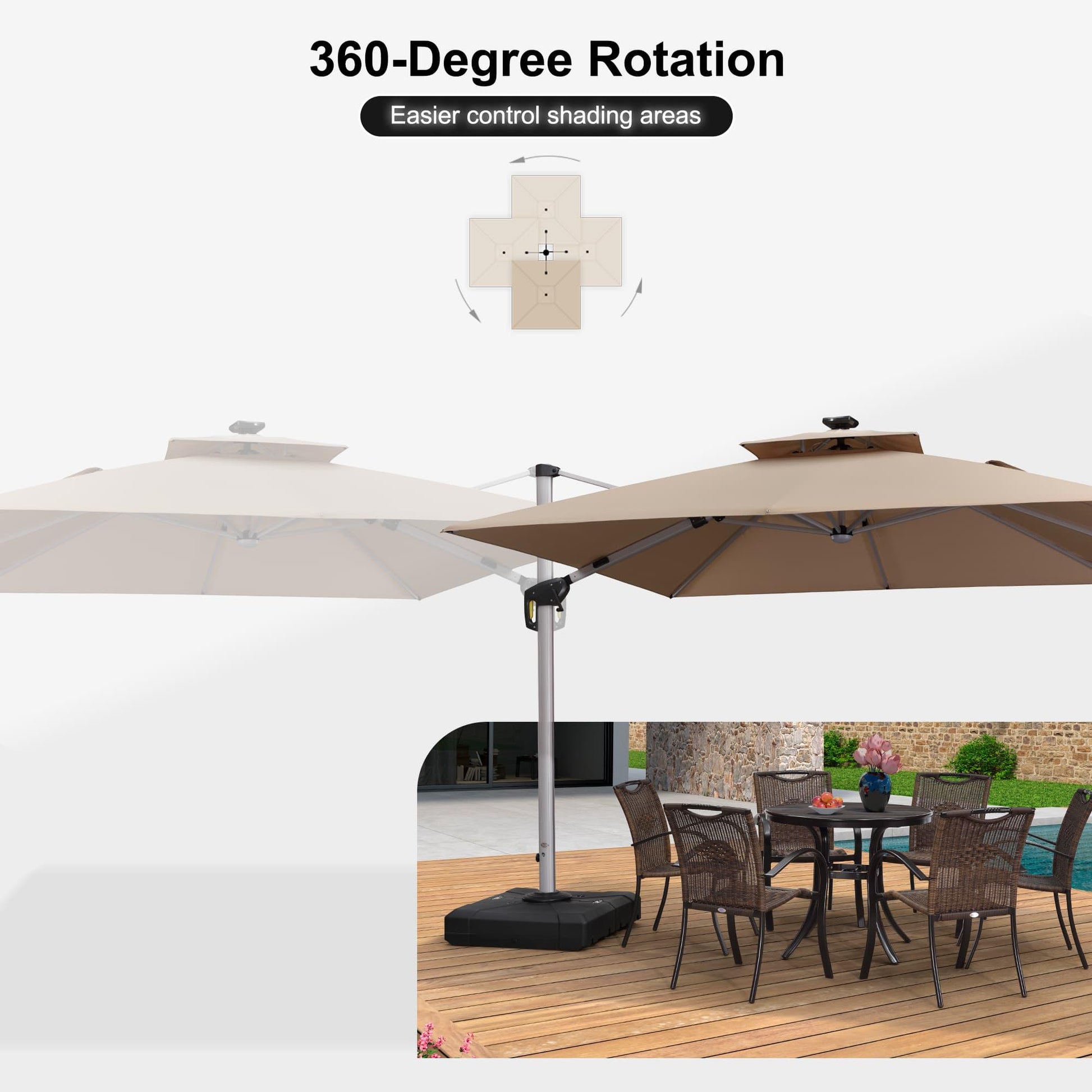 Square Cantilever Umbrella with Base, Outdoor Umbrellas with Lights