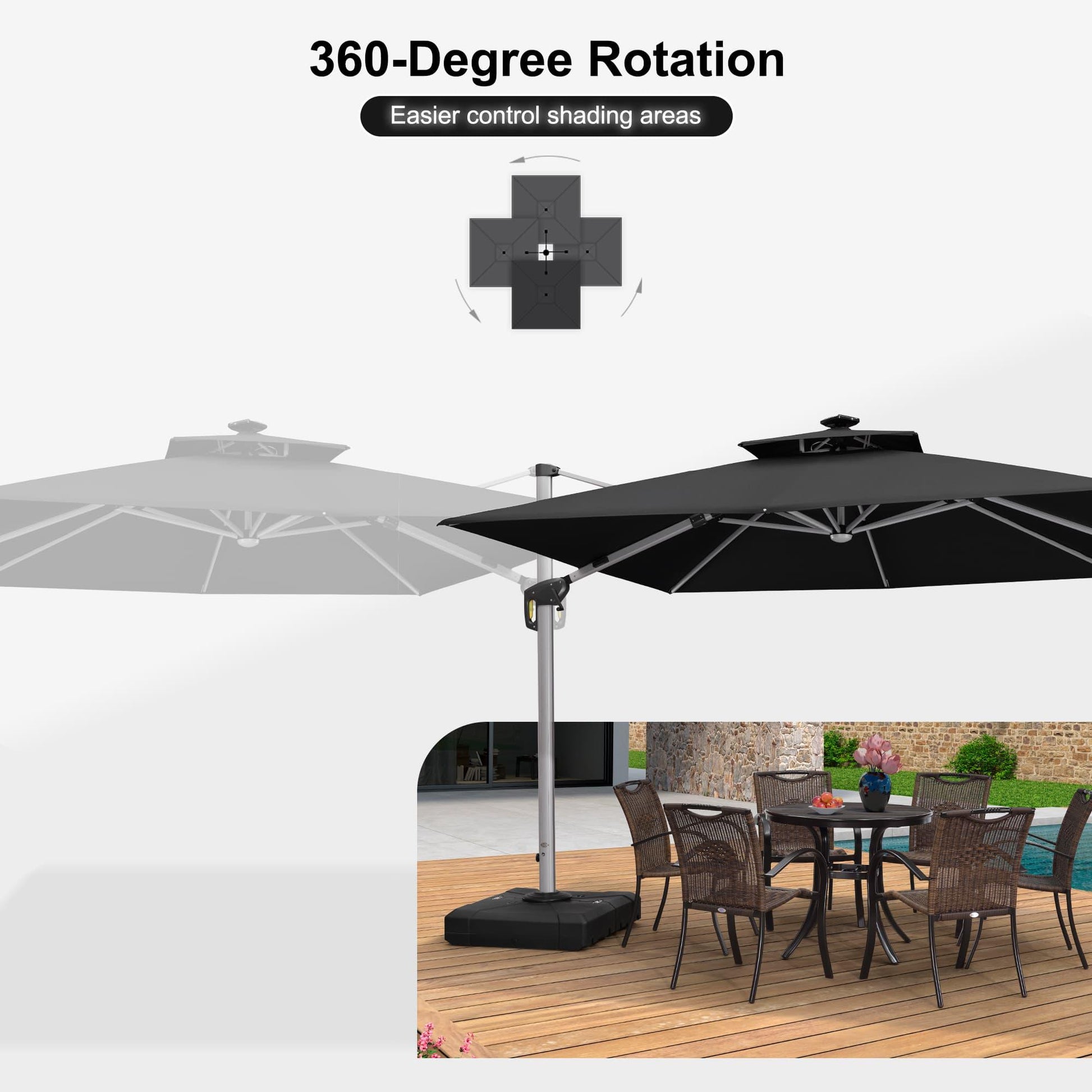 Square Cantilever Umbrella with Base, Outdoor Umbrellas with Lights