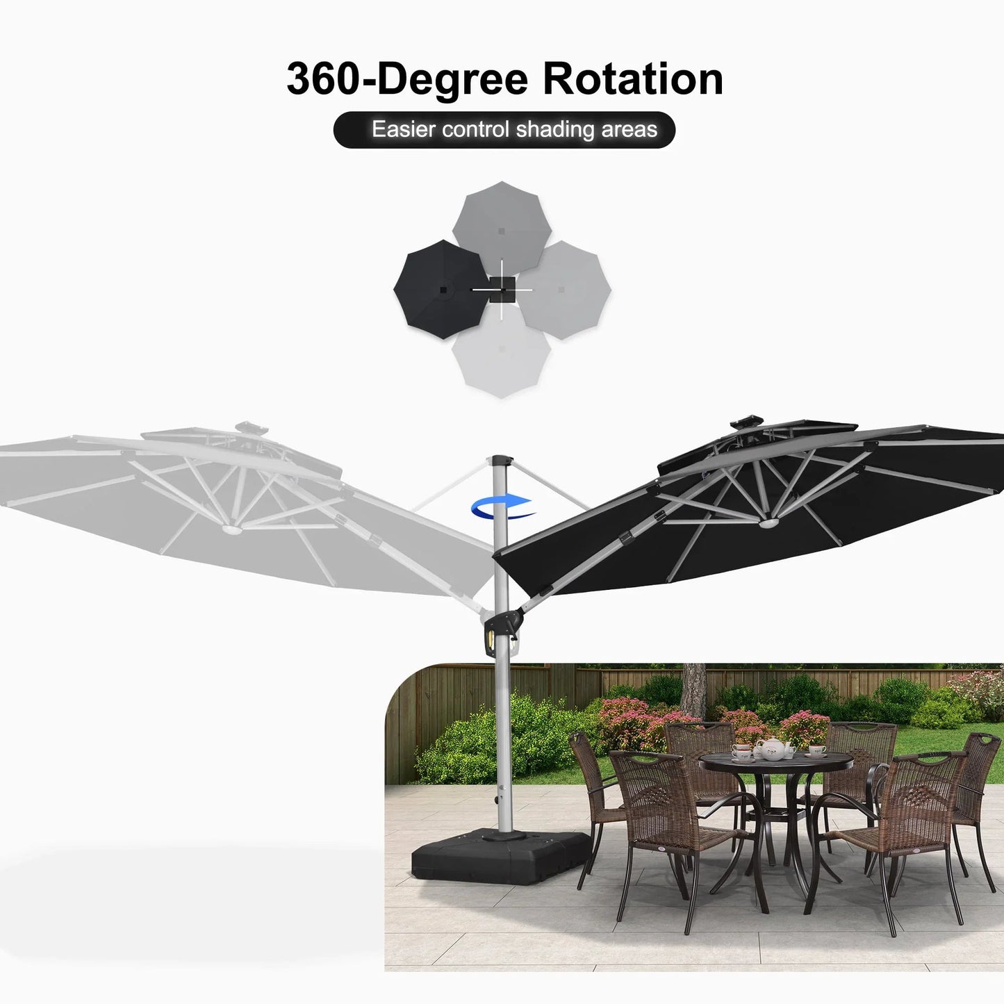Round Cantilever Umbrella with Base, Outdoor Umbrellas with Lights
