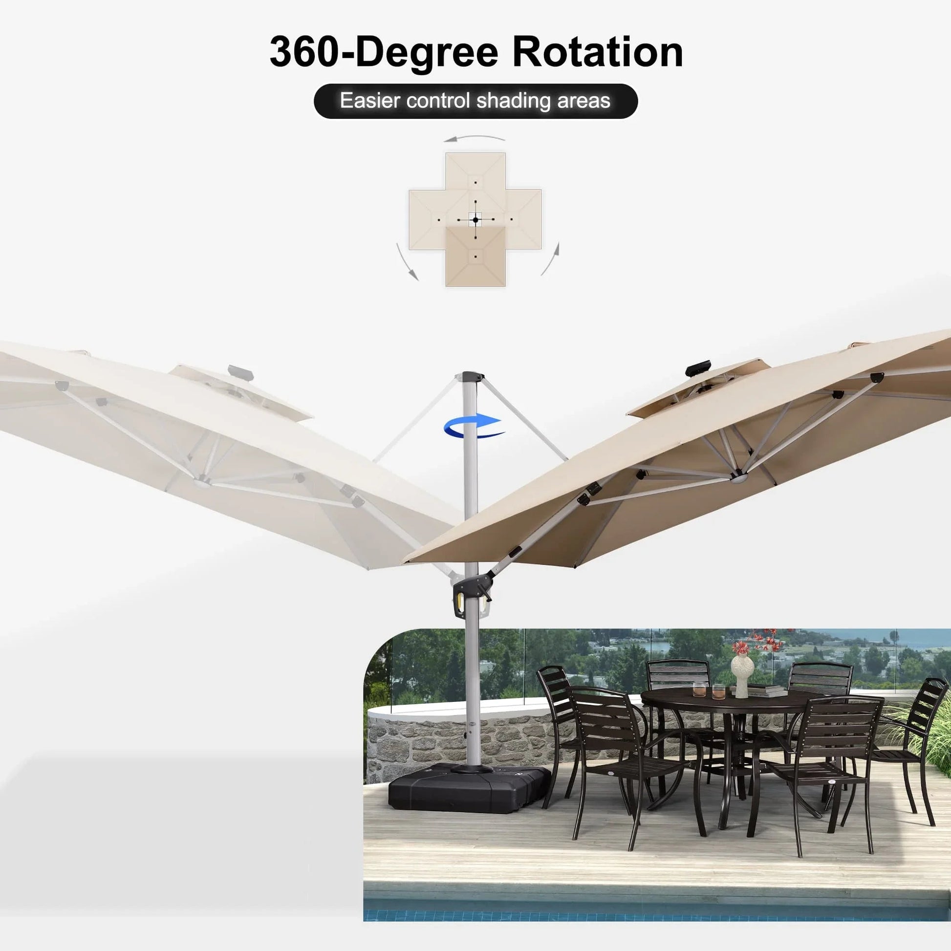 Square Cantilever Umbrella with Base, Outdoor Umbrellas with Lights