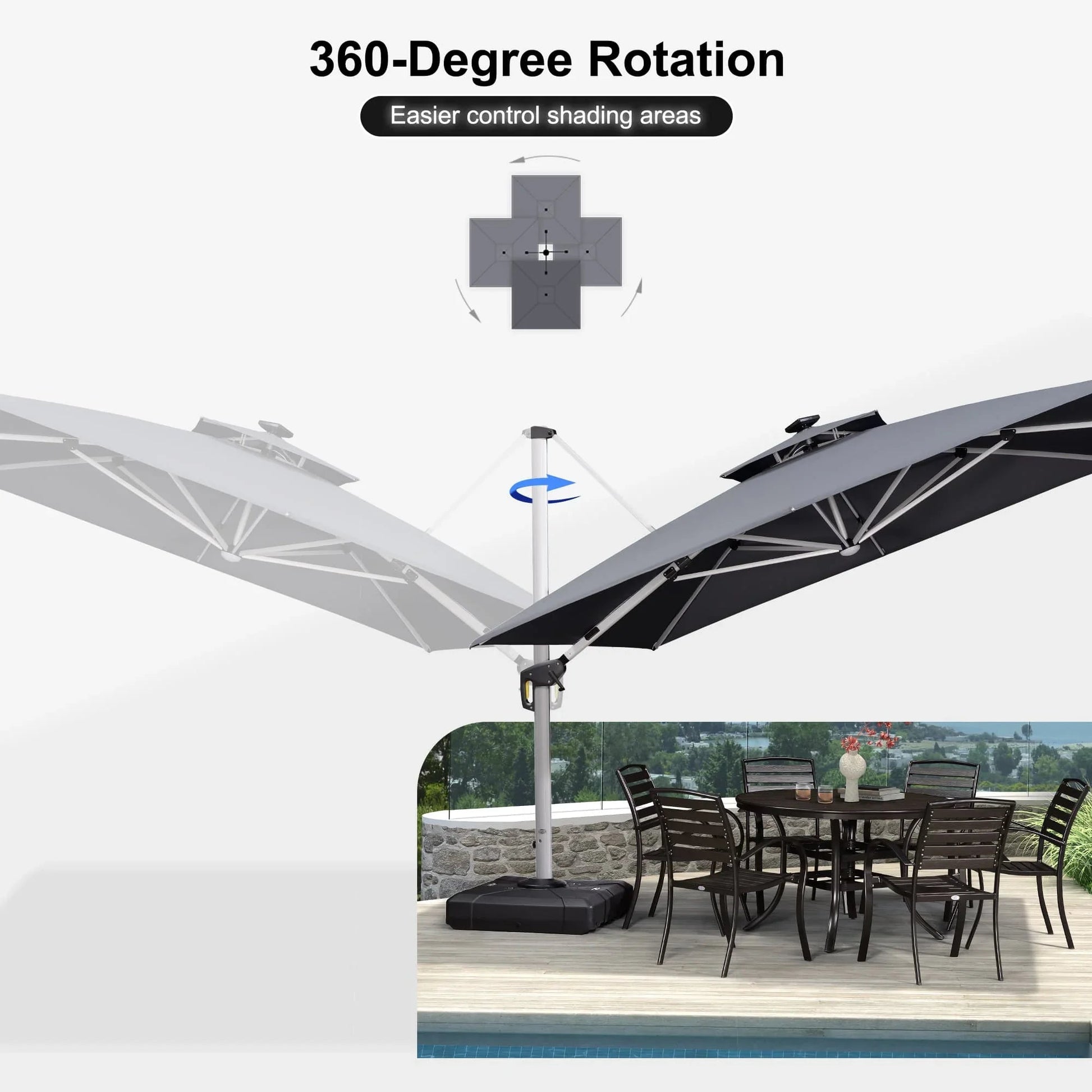 Square Cantilever Umbrella with Base, Outdoor Umbrellas with Lights