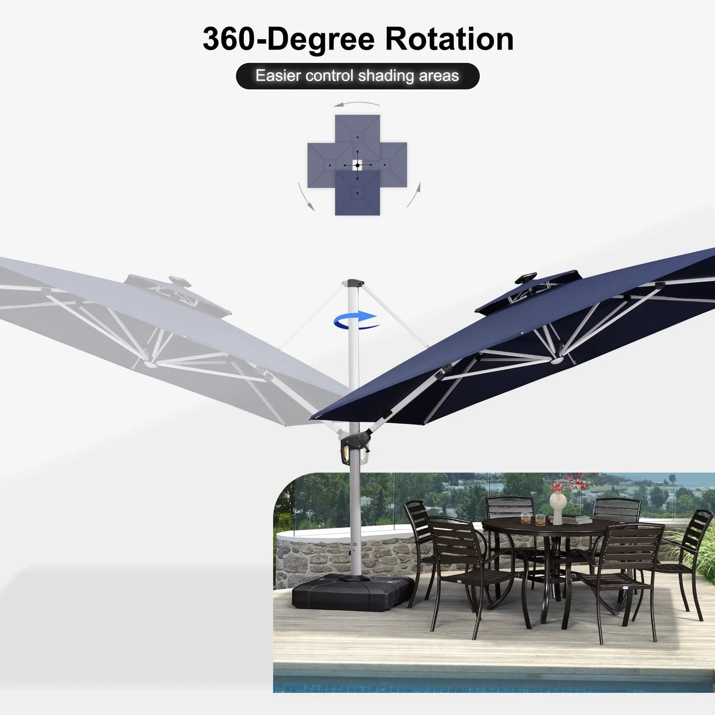 Square Cantilever Umbrella with Base, Outdoor Umbrellas with Lights