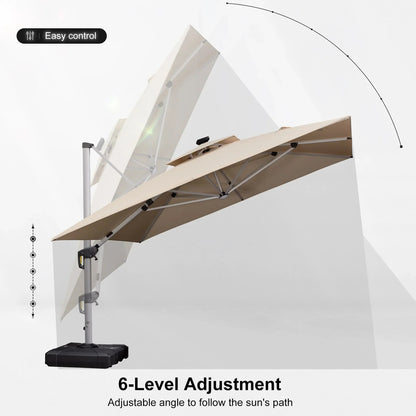 Square Cantilever Umbrella with Base, Outdoor Umbrellas with Lights