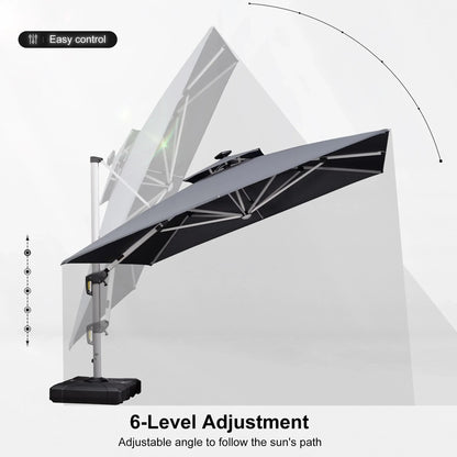 Square Cantilever Umbrella with Base, Outdoor Umbrellas with Lights