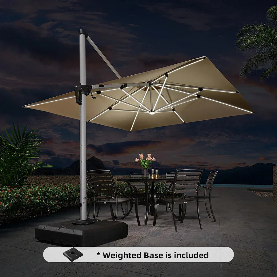 Square Cantilever Umbrella with Base, Outdoor Umbrellas with Lights