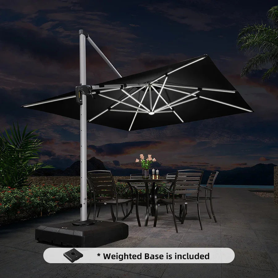 Square Cantilever Umbrella with Base, Outdoor Umbrellas with Lights
