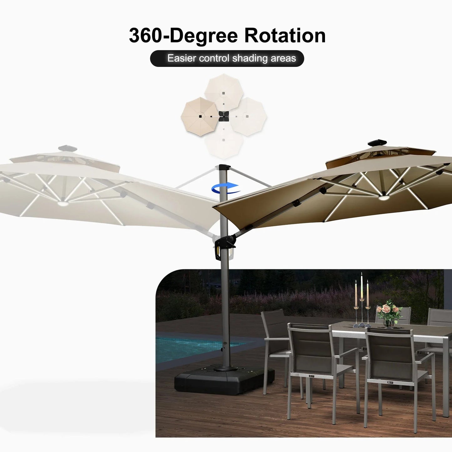 Round Cantilever Umbrella with Base, Outdoor Umbrellas with Lights