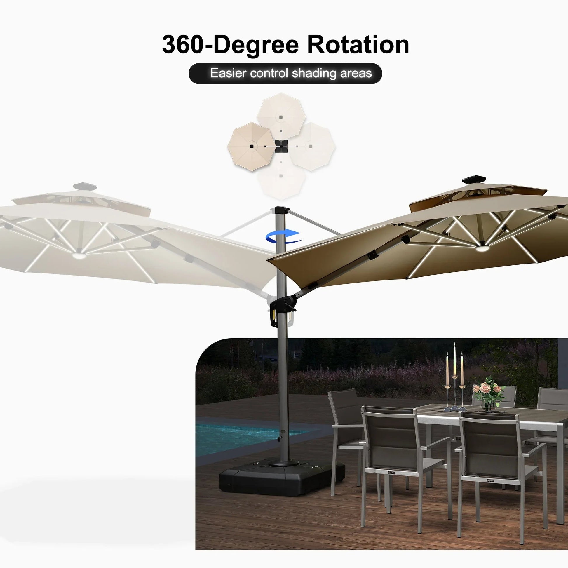 Round Cantilever Umbrella with Base, Outdoor Umbrellas with Lights