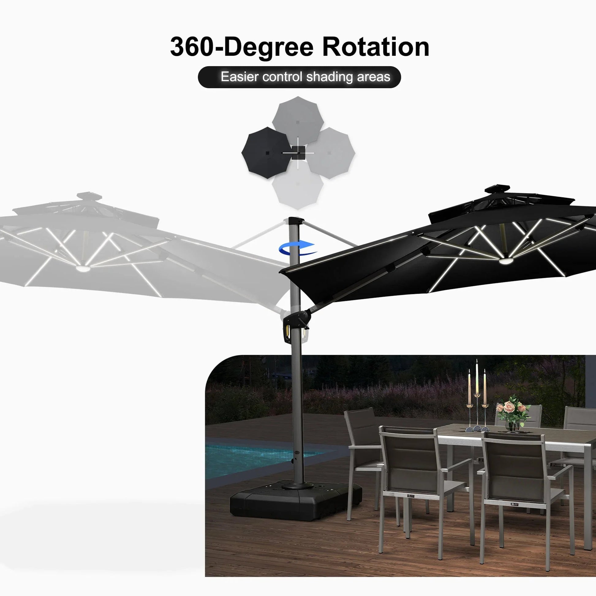 Round Cantilever Umbrella with Base, Outdoor Umbrellas with Lights
