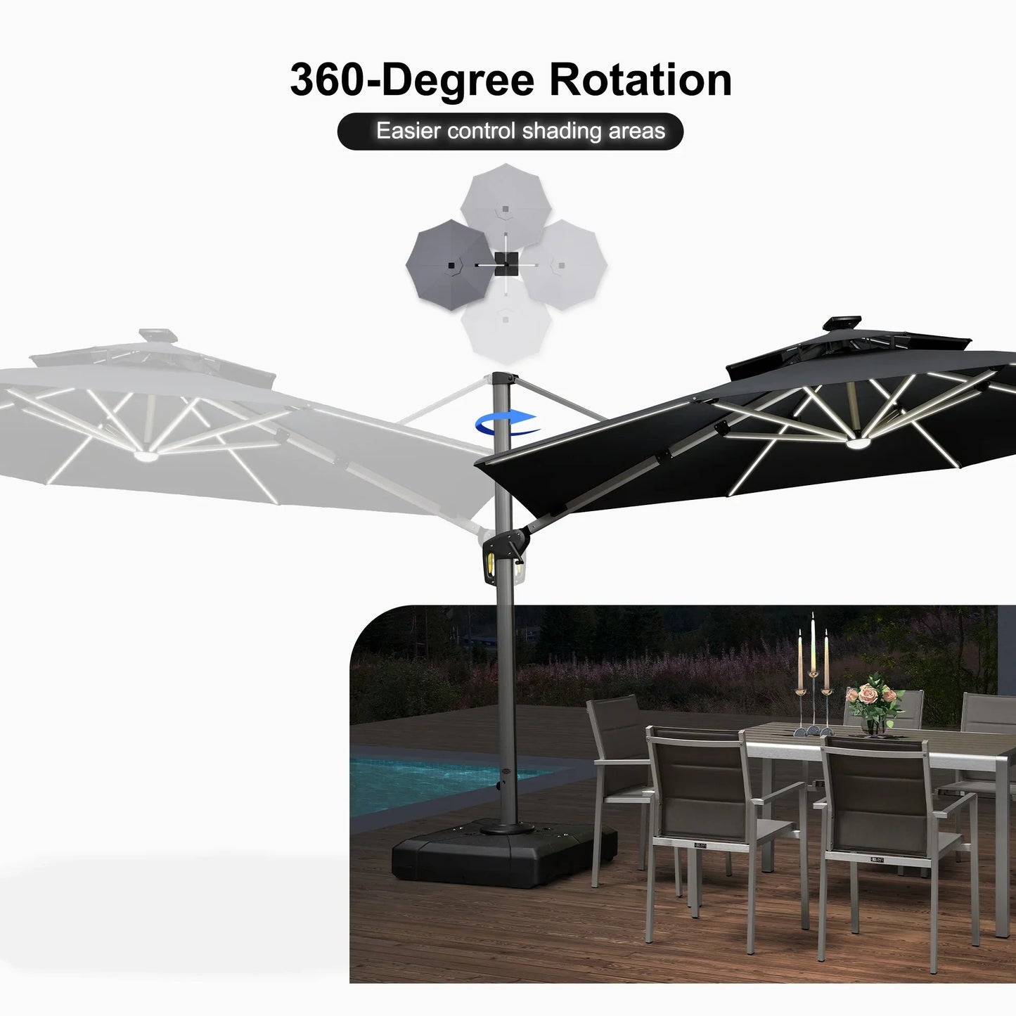 Round Cantilever Umbrella with Base, Outdoor Umbrellas with Lights