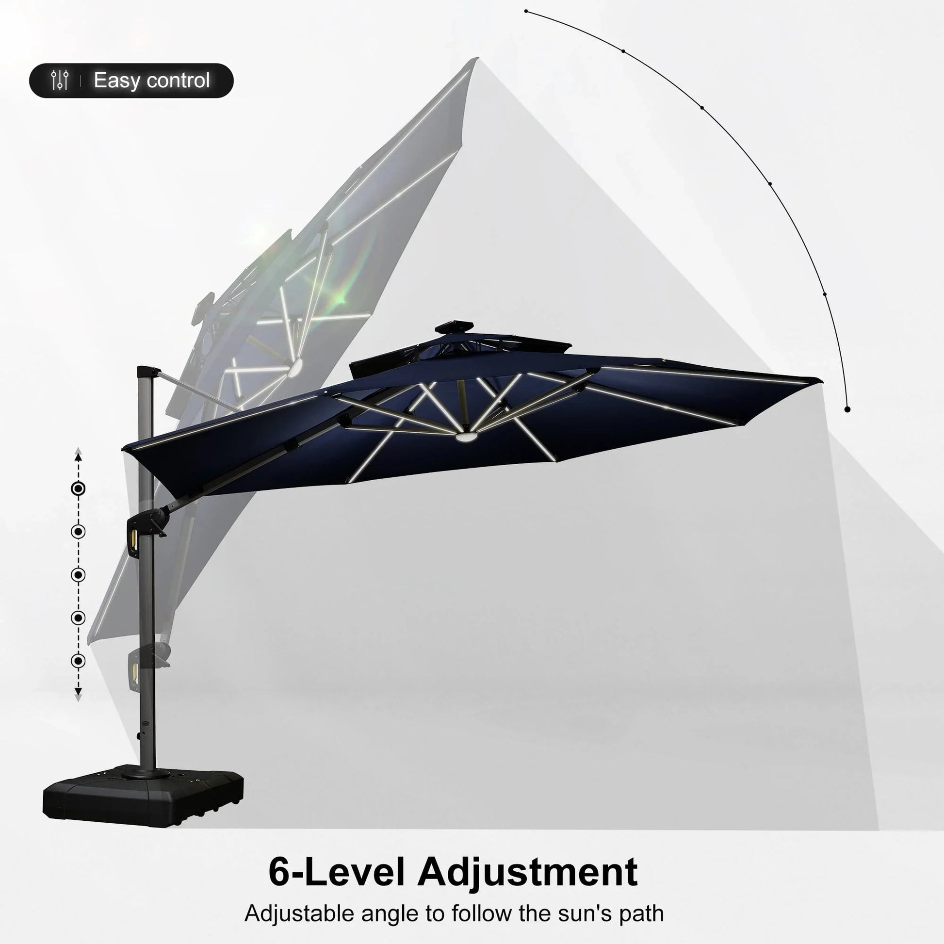Round Cantilever Umbrella with Base, Outdoor Umbrellas with Lights