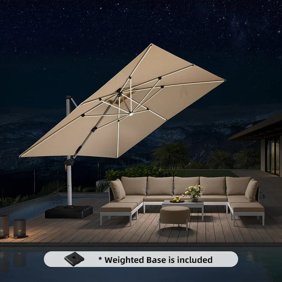 Square Cantilever Umbrella with Base, Outdoor Umbrellas with Lights