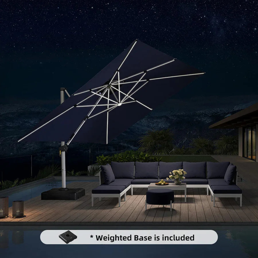 Square Cantilever Umbrella with Base, Outdoor Umbrellas with Lights