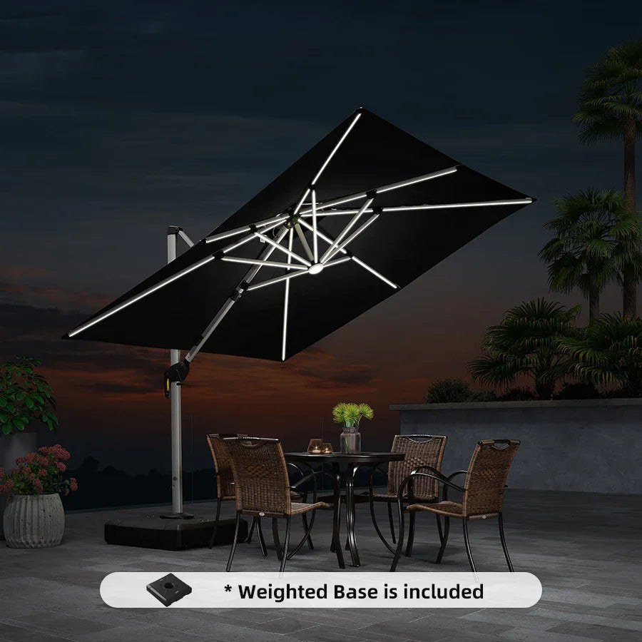 Square Cantilever Umbrella with Base, Outdoor Umbrellas with Lights