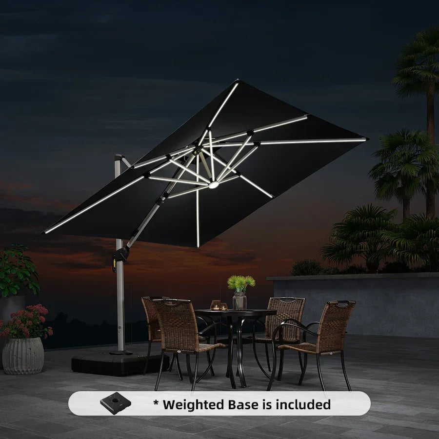 Square Cantilever Umbrella with Base, Outdoor Umbrellas with Lights