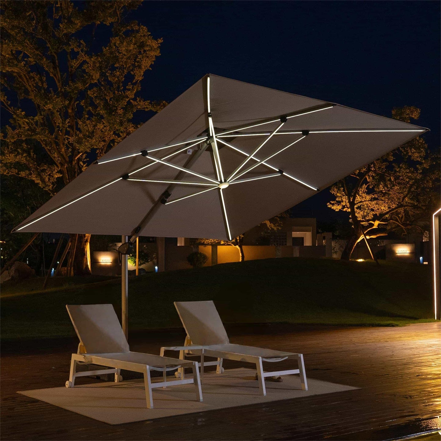 Square Cantilever Umbrella with Base, Outdoor Umbrellas with Lights