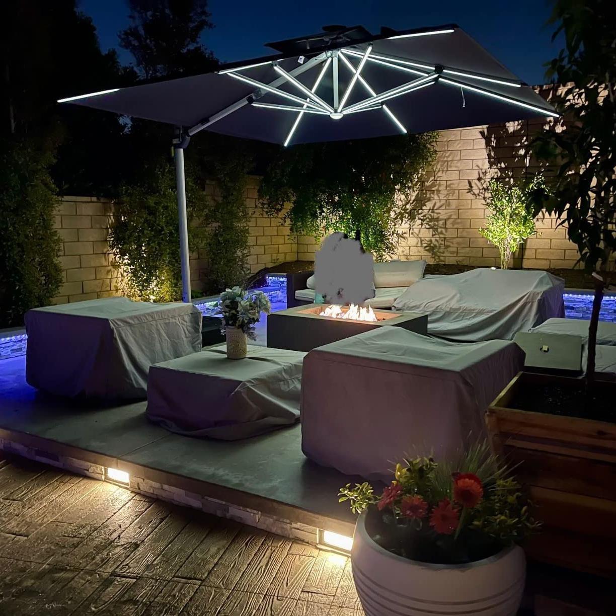 Square Cantilever Umbrella with Base, Outdoor Umbrellas with Lights